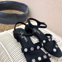 Chanel Women Sandals Cotton Tweed & Jewelry Black 2.5 cm Heel