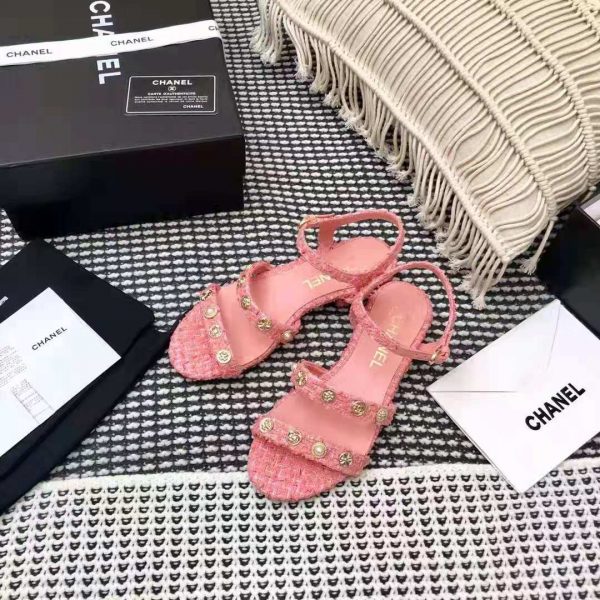 Chanel Women Sandals Cotton Tweed & Jewelry Coral & Pink 2.5 cm Heel (3)