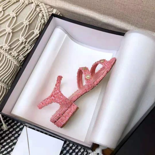 Chanel Women Sandals Cotton Tweed & Jewelry Coral & Pink 2.5 cm Heel (6)