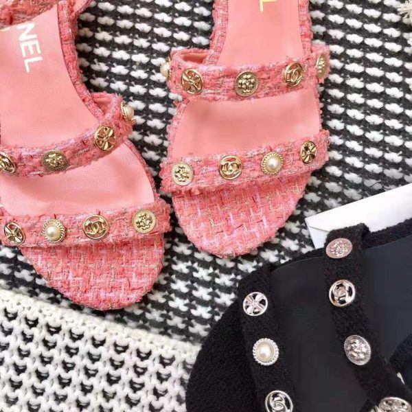 Chanel Women Sandals Cotton Tweed & Jewelry Coral & Pink 2.5 cm Heel (9)