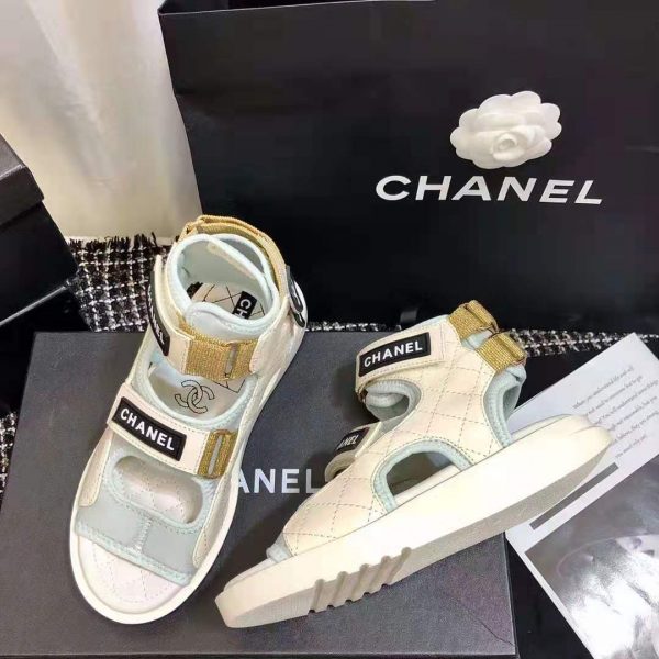 Chanel Women Sandals Goatskin Fabric & TPU White Light Grey & Navy Blue (10)