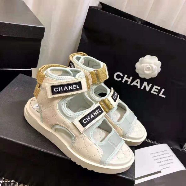 Chanel Women Sandals Goatskin Fabric & TPU White Light Grey & Navy Blue (4)