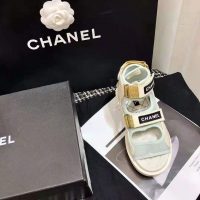 Chanel Women Sandals Goatskin Fabric & TPU White Light Grey & Navy Blue