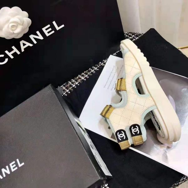 Chanel Women Sandals Goatskin Fabric & TPU White Light Grey & Navy Blue (7)
