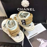 Chanel Women Sandals Goatskin Fabric & TPU White Light Grey & Navy Blue