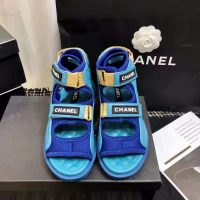 Chanel Women Sandals Goatskin Fabric & TPU White Light Grey & Navy Blue