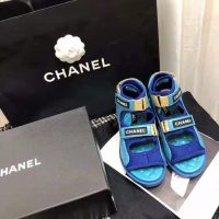 Chanel Women Sandals Goatskin Fabric & TPU White Light Grey & Navy Blue