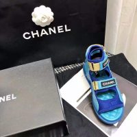 Chanel Women Sandals Goatskin Fabric & TPU White Light Grey & Navy Blue