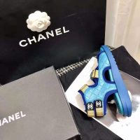 Chanel Women Sandals Goatskin Fabric & TPU White Light Grey & Navy Blue