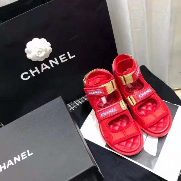 Chanel Women Sandals Goatskin Goatskin Fabric & TPU Red Dark Red & Light Pink (5)