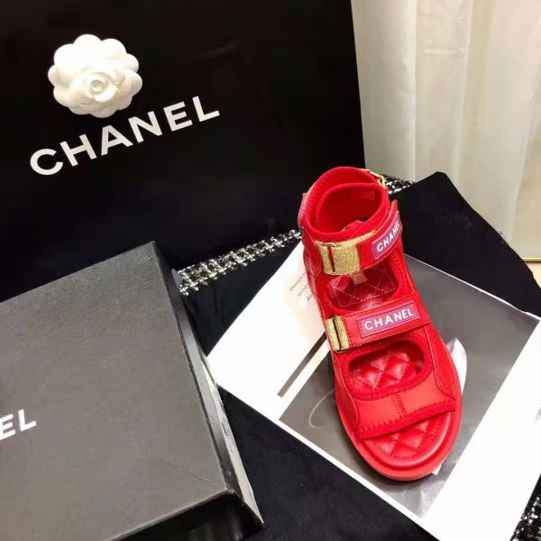 Chanel Women Sandals Goatskin Goatskin Fabric & TPU Red Dark Red & Light Pink (6)