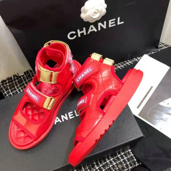 Chanel Women Sandals Goatskin Goatskin Fabric & TPU Red Dark Red & Light Pink (9)