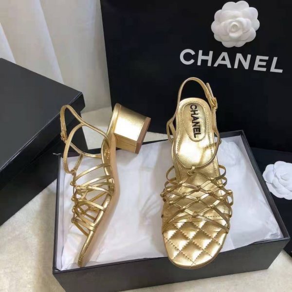 Chanel Women Sandals Laminated Lambskin Gold 5 cm Heel (1)