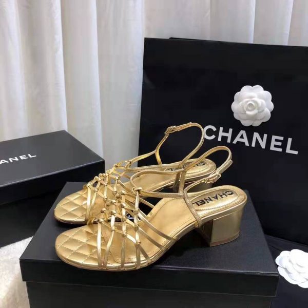 Chanel Women Sandals Laminated Lambskin Gold 5 cm Heel (10)