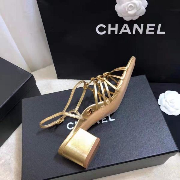 Chanel Women Sandals Laminated Lambskin Gold 5 cm Heel (4)