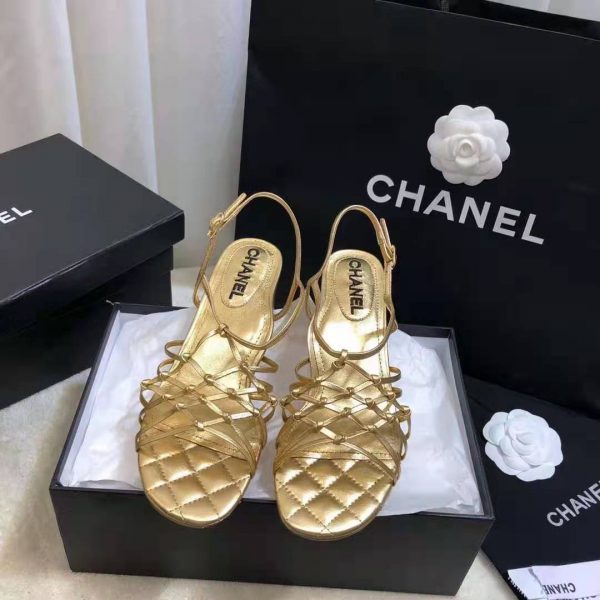 Chanel Women Sandals Laminated Lambskin Gold 5 cm Heel (7)