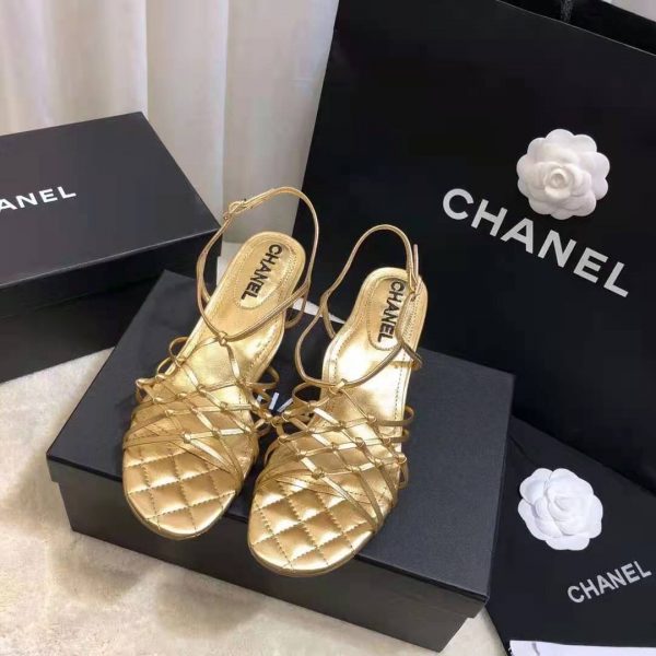 Chanel Women Sandals Laminated Lambskin Gold 5 cm Heel (9)