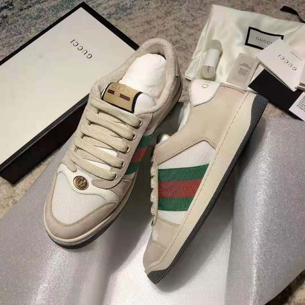 Gucci GG Unisex Screener Leather Sneaker Off-White Leather White Nylon (9)