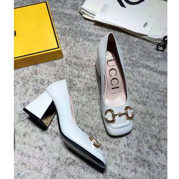 Gucci GG Women’s Mid-Heel Pump with Horsebit White Leather 8 cm Heel (1)