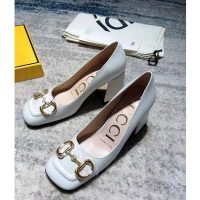 Gucci GG Women’s Mid-Heel Pump with Horsebit White Leather 8 cm Heel