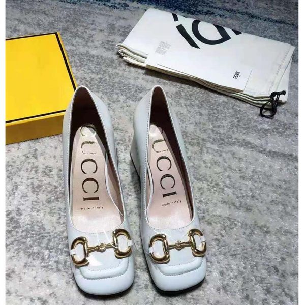 Gucci GG Women’s Mid-Heel Pump with Horsebit White Leather 8 cm Heel (5)