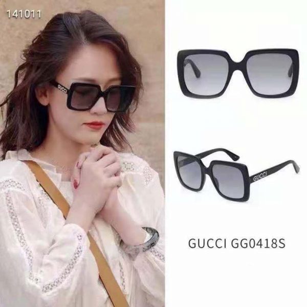Gucci Unisex Rectangular-Frame Acetate Sunglasses Shiny Black Acetate Temples Crystals (2)