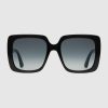 Gucci Unisex Rectangular-Frame Acetate Sunglasses Shiny Black Acetate Temples Crystals