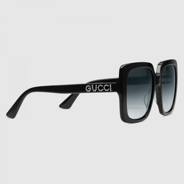 Gucci Unisex Rectangular-Frame Acetate Sunglasses Shiny Black Acetate Temples Crystals (4)