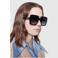 Gucci Unisex Rectangular-Frame Acetate Sunglasses Shiny Black Acetate Temples Crystals