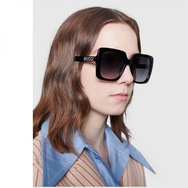 Gucci Unisex Rectangular-Frame Acetate Sunglasses Shiny Black Acetate Temples Crystals (5)
