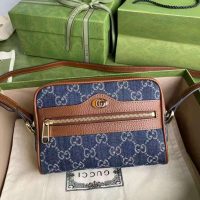 Gucci Women Ophidia GG Mini Bag Jacquard Denim Brown Leather Double G