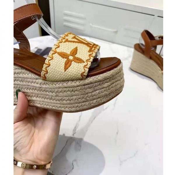 Louis Vuitton Women Boundary Wedge Sandal Raffia and Tan Calf Leather (10)