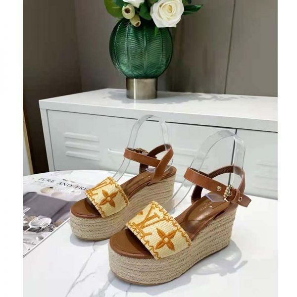 Louis Vuitton Women Boundary Wedge Sandal Raffia and Tan Calf Leather (2)