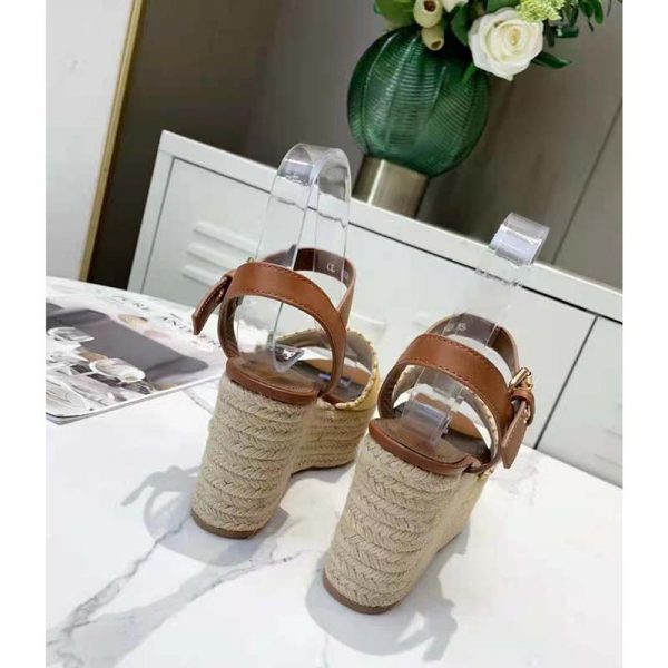 Louis Vuitton Women Boundary Wedge Sandal Raffia and Tan Calf Leather (5)