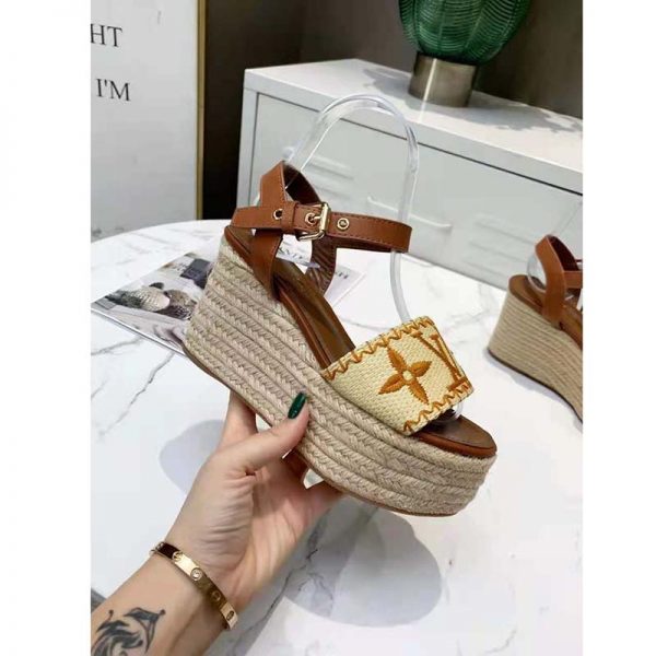 Louis Vuitton Women Boundary Wedge Sandal Raffia and Tan Calf Leather (6)
