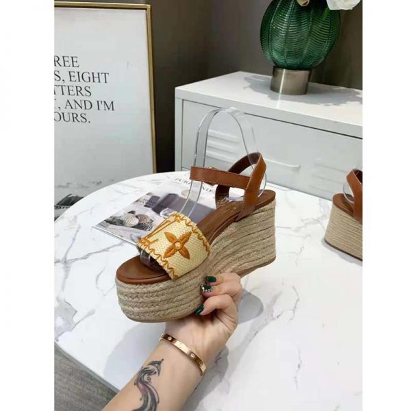 Louis Vuitton Women Boundary Wedge Sandal Raffia and Tan Calf Leather (7)