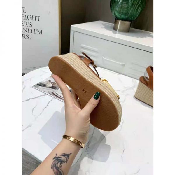 Louis Vuitton Women Boundary Wedge Sandal Raffia and Tan Calf Leather (8)