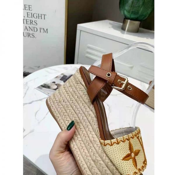 Louis Vuitton Women Boundary Wedge Sandal Raffia and Tan Calf Leather (9)