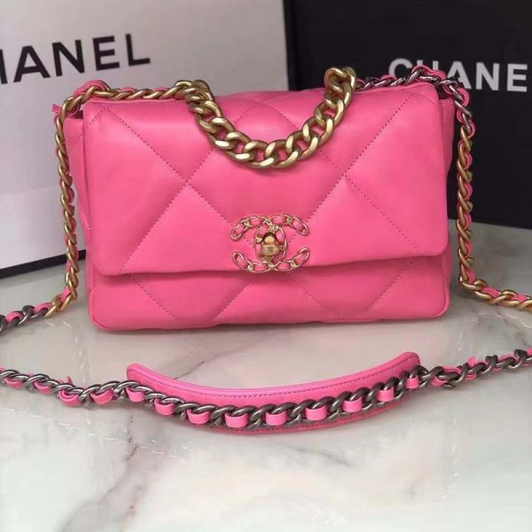 Chanel Women 19 Flap Bag Lambskin Gold Silver-Tone & Ruthenium-Finish Metal Pink (4)