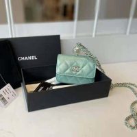 Chanel Women Flap Coin Purse Chain Iridescent Grained Calfskin Imitation Pearls Green