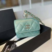 Chanel Women Flap Coin Purse Chain Iridescent Grained Calfskin Imitation Pearls Green