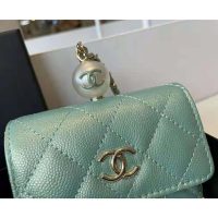 Chanel Women Flap Coin Purse Chain Iridescent Grained Calfskin Imitation Pearls Green