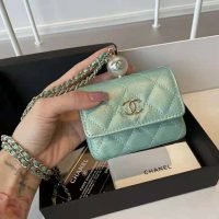 Chanel Women Flap Coin Purse Chain Iridescent Grained Calfskin Imitation Pearls Green