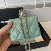 Chanel Women Flap Coin Purse Chain Iridescent Grained Calfskin Imitation Pearls Green