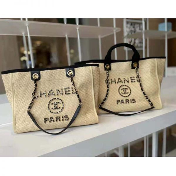 Chanel Women Large Shopping Bag Straw Calfskin & Gold-Tone Metal Beige & Black (11)