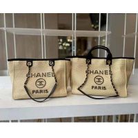 Chanel Women Large Shopping Bag Straw Calfskin & Gold-Tone Metal Beige & Black