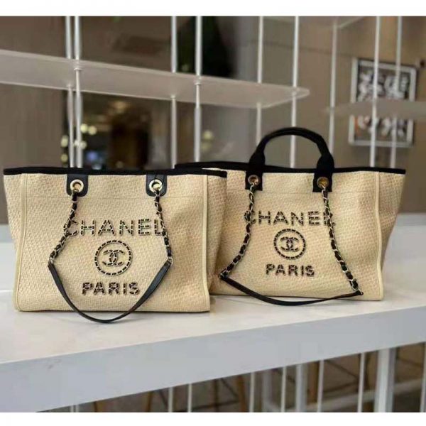 Chanel Women Large Shopping Bag Straw Calfskin & Gold-Tone Metal Beige & Black (13)