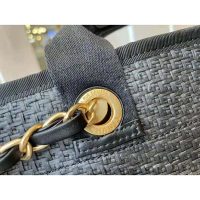 Chanel Women Large Shopping Bag Straw Calfskin & Gold-Tone Metal Black