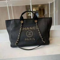 Chanel Women Large Shopping Bag Straw Calfskin & Gold-Tone Metal Black