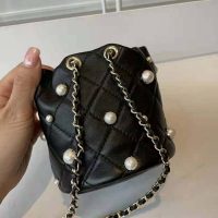 Chanel Women Mini Drawstring Bag Lambskin Imitation Pearls & Gold-Tone Metal Black